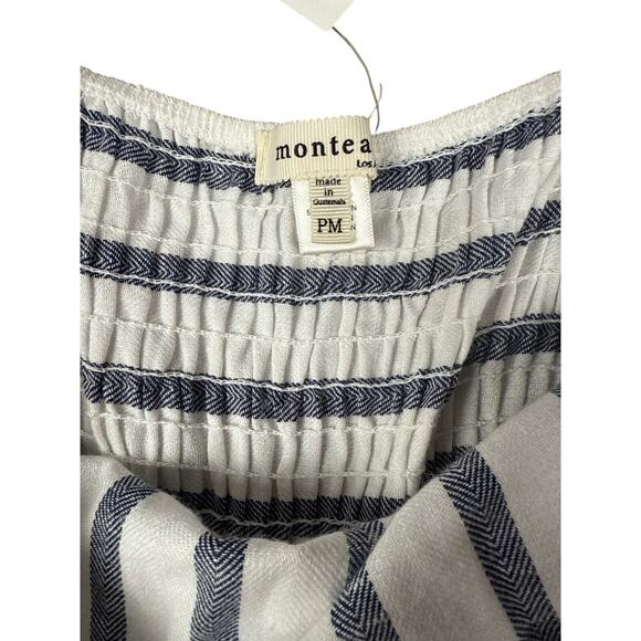 Monteau Los Angeles Cropped Jumpsuit Striped Smocked Linen Cotton Size PM - Picture 6 of 9